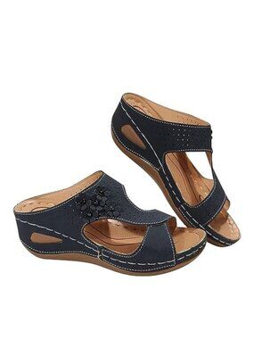 Women’s Size 9/42 Orthopedic Summer Sandals Arch Support Wedge Slip-On Dark Blue